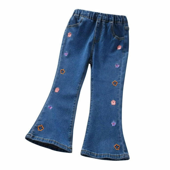 Girls Floral Embroidered Jeans Fashion Flare Leg Denim Pants Slimming Elastic High Waisted Trtousers Blue,14 Years