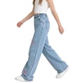 thumbnail image 1 of Girls Floral Embroidered Wide Leg Jeans Light Blue High Waisted Elastic Waist Casual Pants US Sizes 6-14,Size 12-13T, 1 of 7