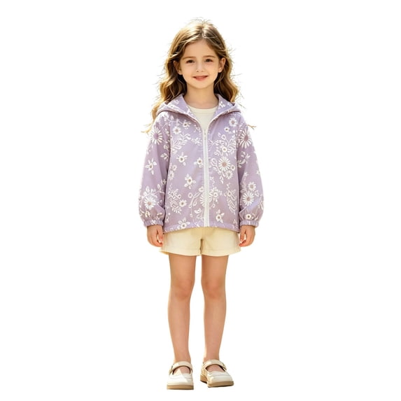 Girls Floral Embroidery Lightweight Hooded Sun Protection Jacket, Full Zip Long Sleeve Casual Thin Windbreaker for Kids Autumn Daily Outdoor Wear(Purple,5-6 Years)