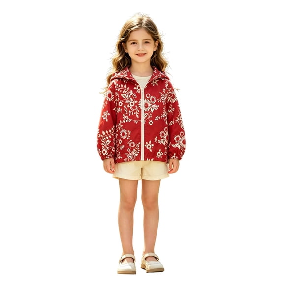 Girls Floral Embroidery Lightweight Hooded Sun Protection Jacket, Full Zip Long Sleeve Casual Thin Windbreaker for Kids Autumn Daily Outdoor Wear(Red,7-8 Years)