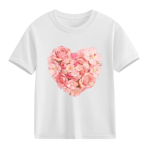Girls Floral Heart T-Shirt 100% Cotton Short Sleeve Kids Cute Top White Valentine's Day Casual Tee Ages 4-12,Size 7 T