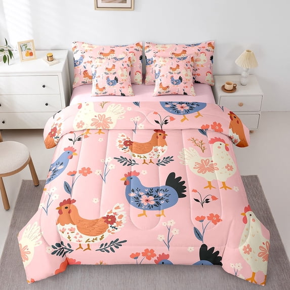 Erosebridal Floral Rooster Bedding Comforter Set 7 Pieces,Cartoon Chicken Full Bedding Set Lightweight,Farmhouse Animal Flowers Fitted Sheet Flat Sheet