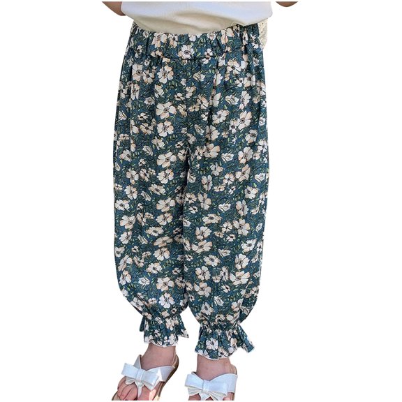 Girls Floral Jogger Pants Wide Leg Baggy Bloomers Elastic Waist Home Lounge Wear Trendy Cotton Pajamas Pants 5T