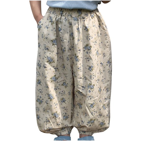 Girls Floral Jogger Pants Wide Leg Baggy Bloomers Elastic Waist Home Lounge Wear Trendy Cotton Pajamas Pants 6T