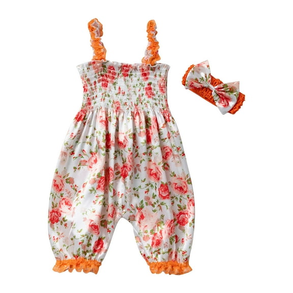 Girls Floral Jumpsuit Sleeveless Smocked Cute Satin Pants Bodysuit Rompers Baby Bloomers Silk Funny Baby Onesies, Orange, 0 Months