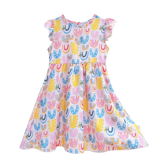 Girls Floral Knee Length Dress, Casual Flying Sleeve Dress for Ages 3-10,Sky Blue,80