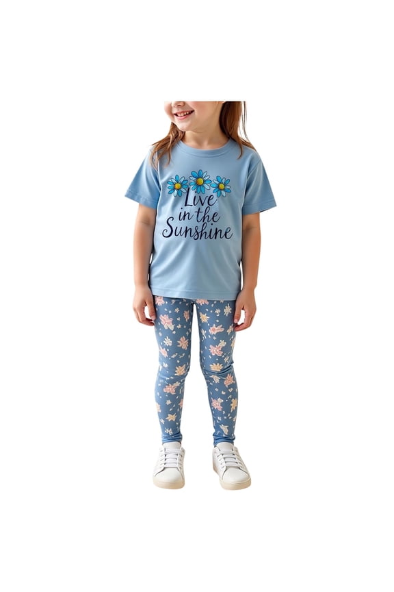 Girls Floral Lounge Set Size 6 Two Piece Cotton Fall Outfits Cute Short Sleeve Tees Leggings Summer Cute Clothes 4 Years, Blue
