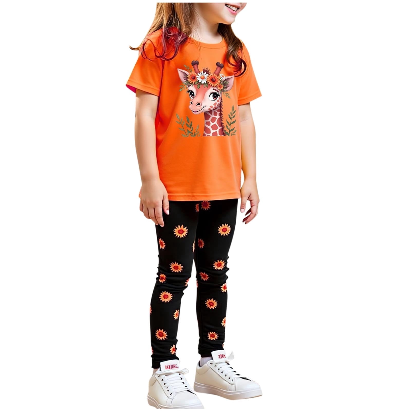 Girls Floral Lounge Set Size 6 Two Piece Cotton Fall Outfits Cute Short Sleeve Tees Leggings Summer Cute Clothes 4 Years, Orange