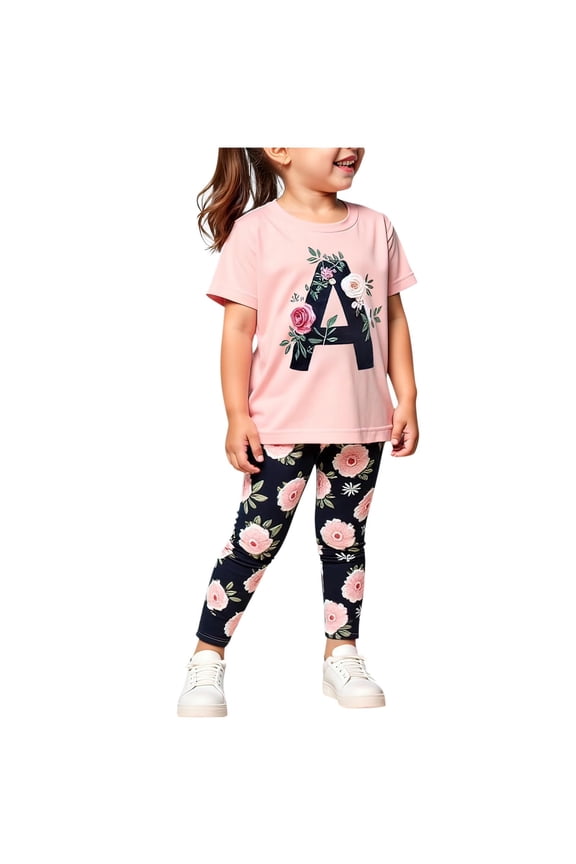 Girls Floral Lounge Set Size 6 Two Piece Cotton Fall Outfits Cute Short Sleeve Tees Leggings Summer Cute Clothes 6 Years, Light Pink