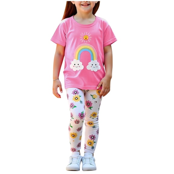 Girls Floral Lounge Set Size 6 Two Piece Cotton Fall Outfits Cute Short Sleeve Tees Leggings Summer Cute Clothes 6 Years, Pink