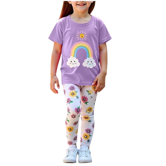 Girls Floral Lounge Set Size 6 Two Piece Cotton Fall Outfits Cute Short Sleeve Tees Leggings Summer Cute Clothes 6 Years, Purple