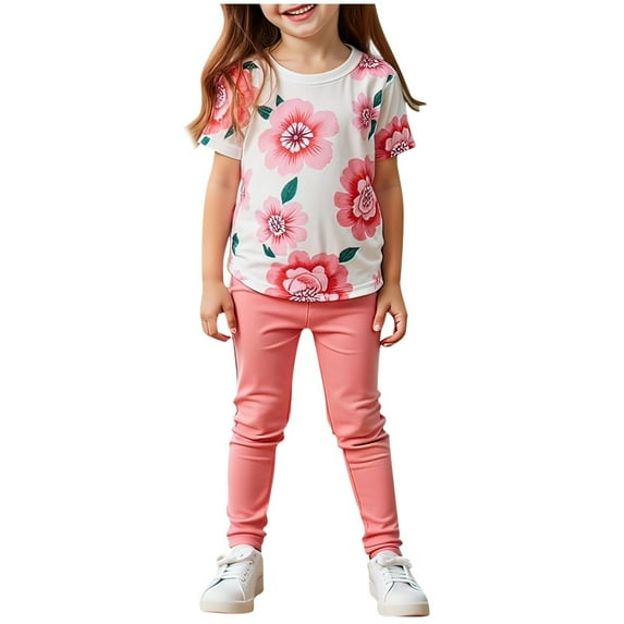 Girls Floral Lounge Set Size 6 Two Piece Cotton Fall Outfits Cute Short Sleeve Tees Leggings Summer Cute Clothes 6 Years, Watermenlon Red