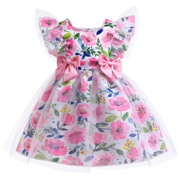 Girls Floral Princess Dress Bowknot Waist Pageant Wedding Costumes Gown