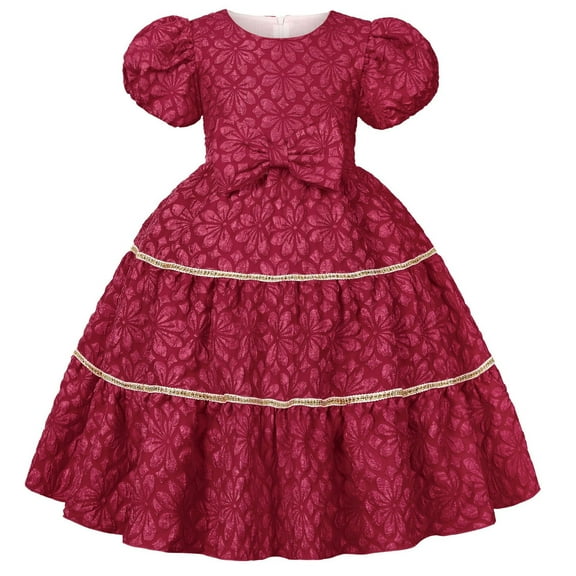 Girls Floral Princess Dress Kids Puff Sleeves Birthday Party Wedding Dress