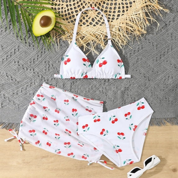 Girls Floral Print 3 Piece Swimsuit Bikini Cherry Pattern with Padded Bra Big Kids Bathing Suit Red 8-9 Y