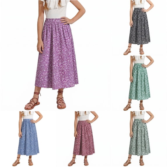 Girls Floral Print Long Skirt Bohemian Style A-Line Maxi Skirts for Summer Vacation Beach Casual Outfit