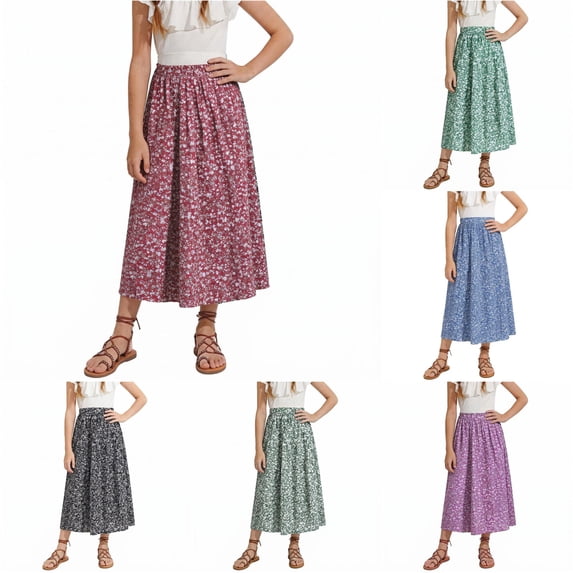 Girls Floral Print Long Skirt Bohemian Style A-Line Maxi Skirts for Summer Vacation Beach Casual Outfit