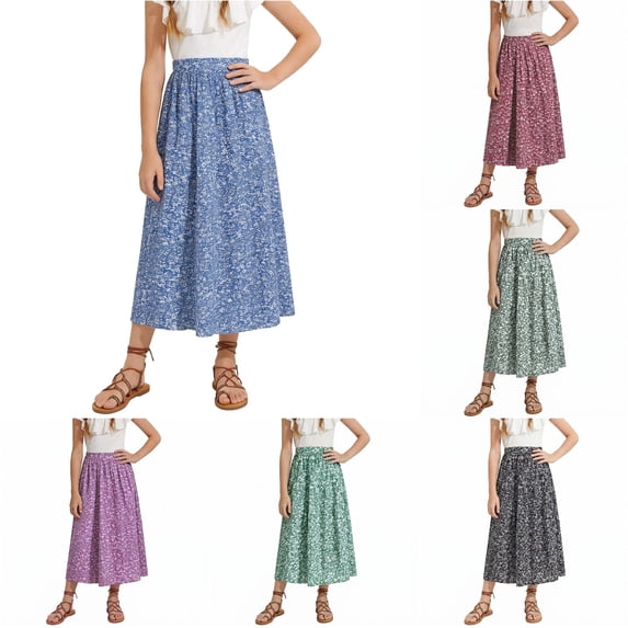 Girls Floral Print Long Skirt Bohemian Style A-Line Maxi Skirts for Summer Vacation Beach Casual Outfit