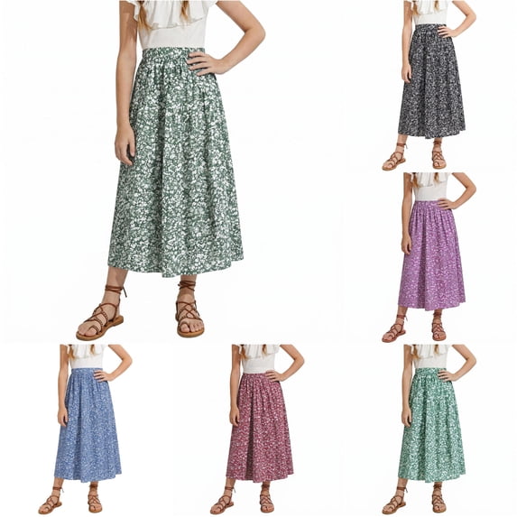 Girls Floral Print Long Skirt Bohemian Style A-Line Maxi Skirts for Summer Vacation Beach Casual Outfit