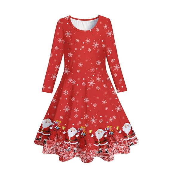 Girls Floral Print Long Sleeve Dress for Spring Autumn Christmas Party and Red 10-13 Years