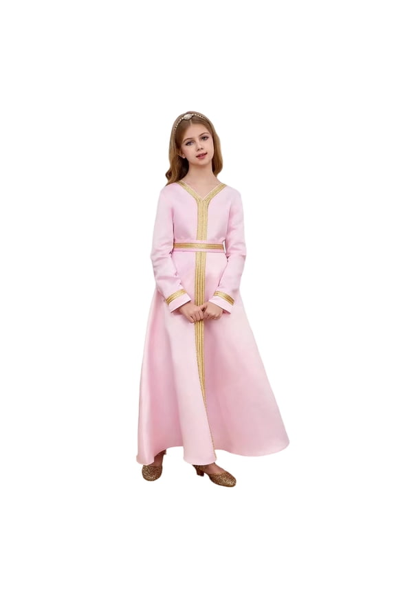 Girls' Floral Print Maxi Dress V Neck Long Sleeve Traditional Arabian Muslim Eid Formal Party Dress