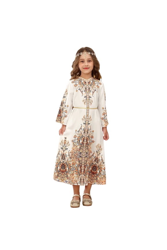 Girls' Floral Print Maxi Dress V Neck Long Sleeve Traditional Arabian Muslim Eid Formal Party Dress