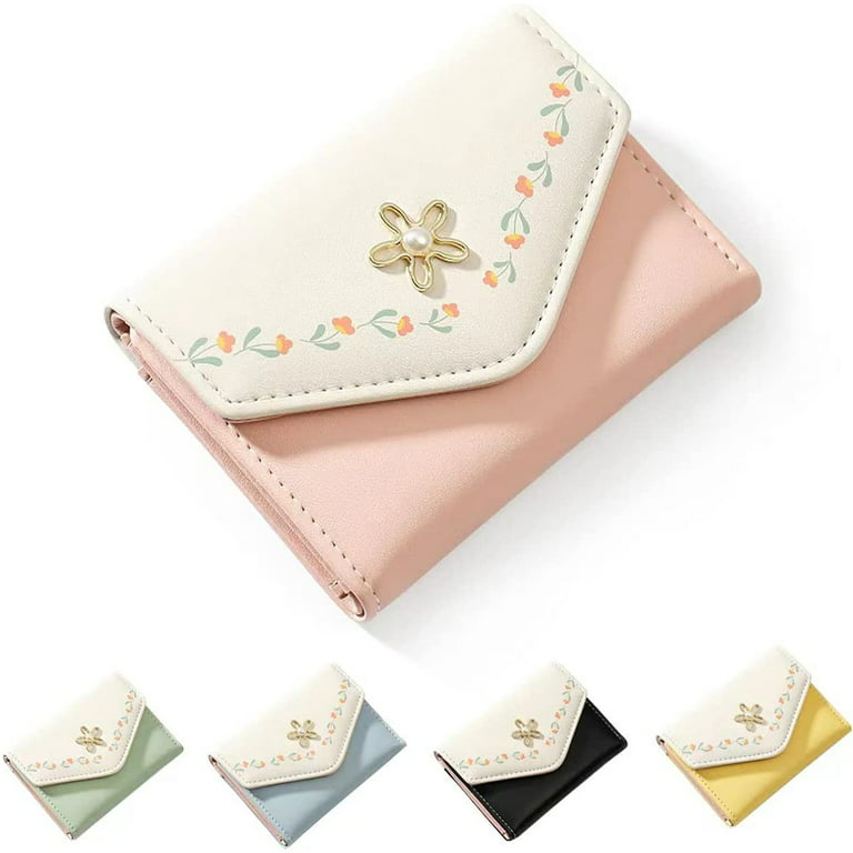 Girls Floral Print Wallet Small Aesthetic Trifold Wallet PU