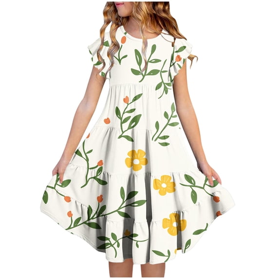 Girls Floral Ruffle Dress Tiered with Pockets, Multicolor Play Dress for Spring Summer, Soft Stretch Casual Outfit 4-13 Years,Size 10-11T