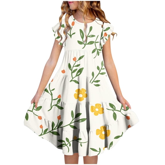 Girls Floral Ruffle Dress Tiered with Pockets, Multicolor Play Dress for Spring Summer, Soft Stretch Casual Outfit 4-13 Years,Size 6-7 T