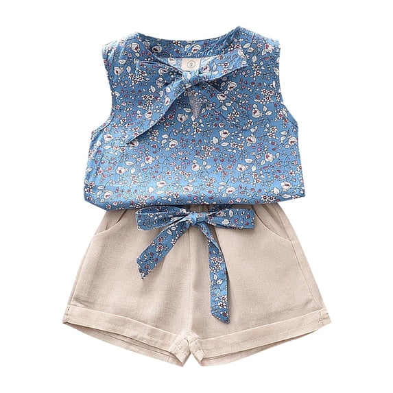 Girls Floral Sleeveless Top and Shorts Set Bow Tie Summer Casual Outfit,Blue,100/9