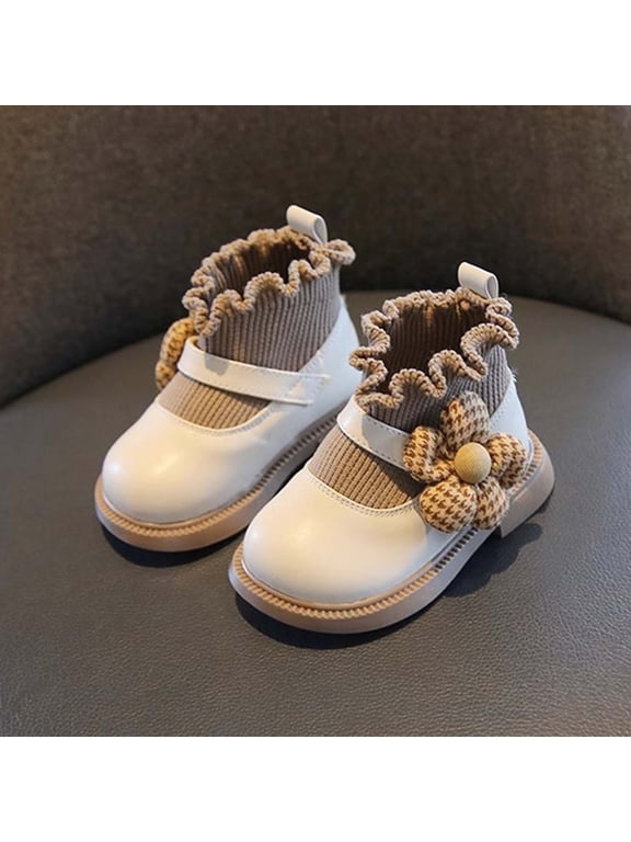 Girls Floral Sock Booties, Knit Upper Leather Short Boots, 3D Flower Detail Soft Sole Shoes for Fall Daily Wear