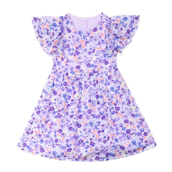 NIPAXO Girls Dress Chiffon Flutter Sleeve Back Zipper Abstract Floral Rose Print Pleated A Line Party Casual Twirl Summer Sundress for Girls Age 4-5 Years