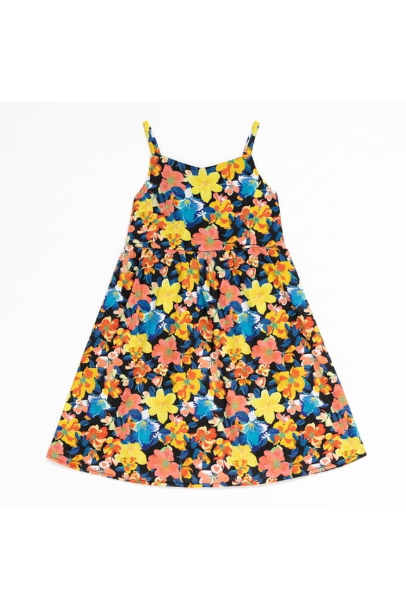 Girls Dress Spaghetti Strap Smocked Back Vibrant Tropical Floral Print Gathered A Line Flared Beach Cami Slip Sundress for Kids Age 12-13 Years