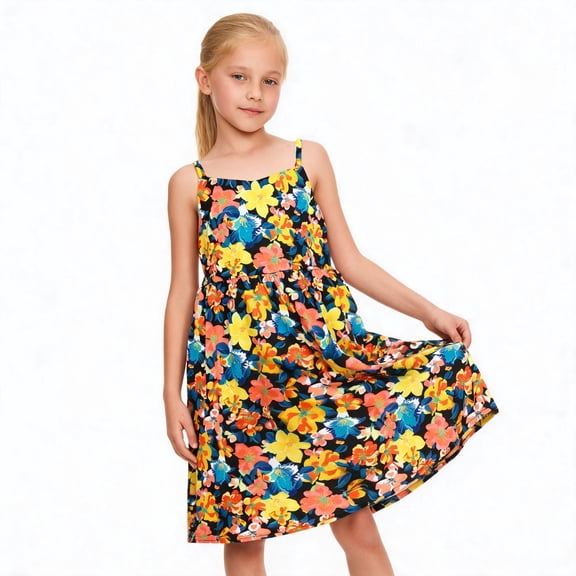 NIPAXO Girls Dress Spaghetti Strap Smocked Back Vibrant Tropical Floral Print Gathered A Line Flared Beach Cami Slip Sundress for Kids Age 4-5 Years