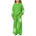 thumbnail image 1 of Girls Floral Sweatsuit Fashion Casual Fleece Thermal 2 Piece Outfits Long Sleeve Hoodie Wide Leg Sweatpants With Pockets (14-15 Years, Green), 1 of 7