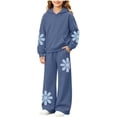 thumbnail image 1 of Girls Floral Sweatsuit Fashion Casual Fleece Thermal 2 Piece Outfits Long Sleeve Hoodie Wide Leg Sweatpants With Pockets (2-3T, Blue), 1 of 7