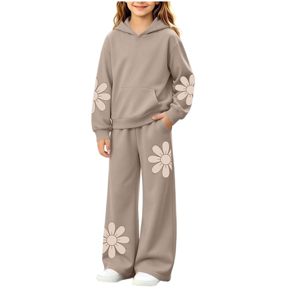 Girls Floral Sweatsuit Fashion Casual Fleece Thermal 2 Piece Outfits Long Sleeve Hoodie Wide Leg Sweatpants With Pockets (6-7 Years, Khaki)