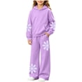 thumbnail image 1 of Girls Floral Sweatsuit Fashion Casual Fleece Thermal 2 Piece Outfits Long Sleeve Hoodie Wide Leg Sweatpants With Pockets (8-9 Years, Purple), 1 of 7