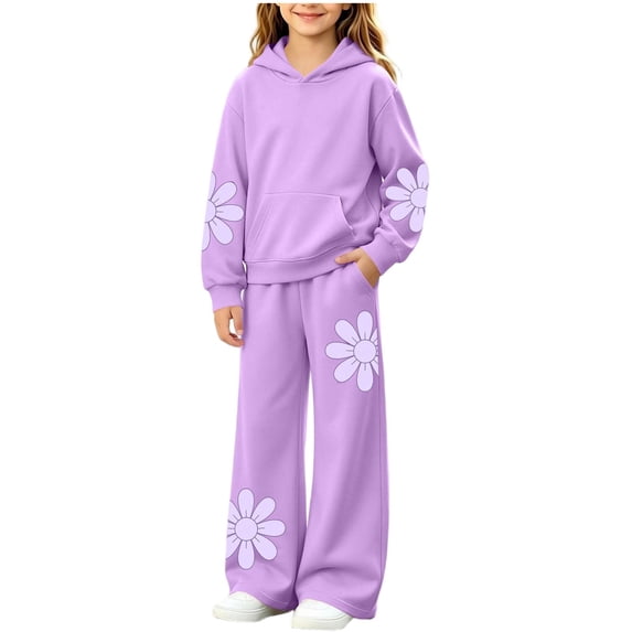 Girls Floral Sweatsuit Fashion Casual Fleece Thermal 2 Piece Outfits Long Sleeve Hoodie Wide Leg Sweatpants With Pockets (8-9 Years, Purple)