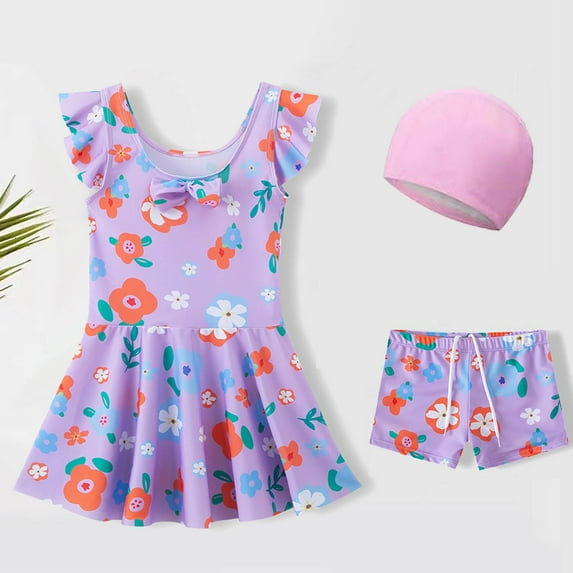 Girls' Floral Swimsuits Ruffle Flounce Spandex Swimdress with Boyleg Shorts Beach Swim Dress Bathing Suit (6 Years, Purple)