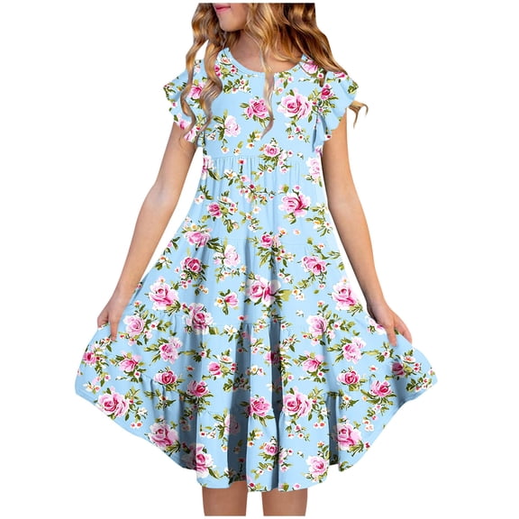 Girls Floral Tiered Dress with Pockets Ruffle Sleeve Sundress Multicolor Kids Casual Wear,Size 4-5 T