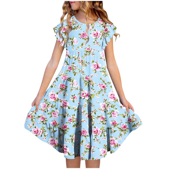 Girls Floral Tiered Dress with Pockets Ruffle Sleeve Sundress Multicolor Kids Casual Wear,Size 6-7 T