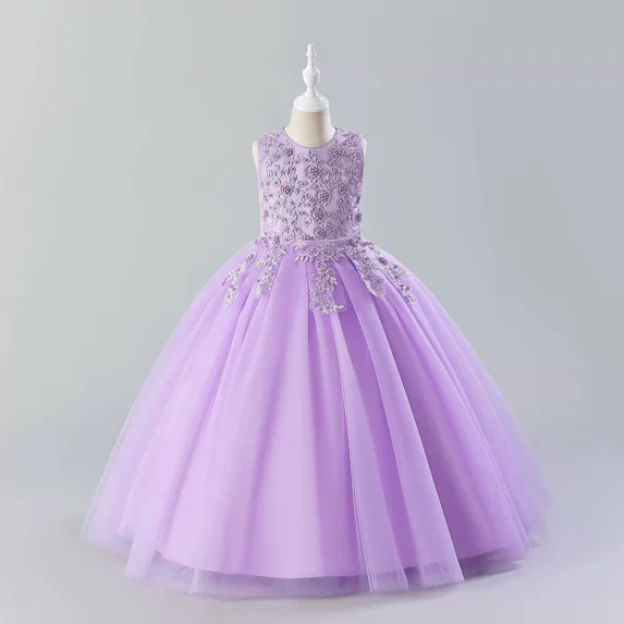 Girls' Floral Tulle Princess Dress - Sleeveless Tutu Maxi Gown for Flower Girl, Birthday, Pageant, Wedding