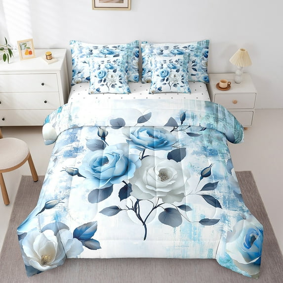 Girls Flower Bed in a Bag 7-Piece Rose Floral Bedding Set for Women,Blue Gradient Full Size Comforter Set Vintage Ombre Bedding Comforter Sets,Oil Painting Aesthetic Bed Set Room Decorative