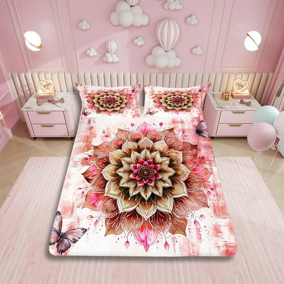 Girls Flower Bed Sheets Set Mandala Floral Sheet Set for Women,Red Gradient Bed Set Vintage Ombre Full Sheets,Oil Painting Aesthetic Bedding Set Room Decorative