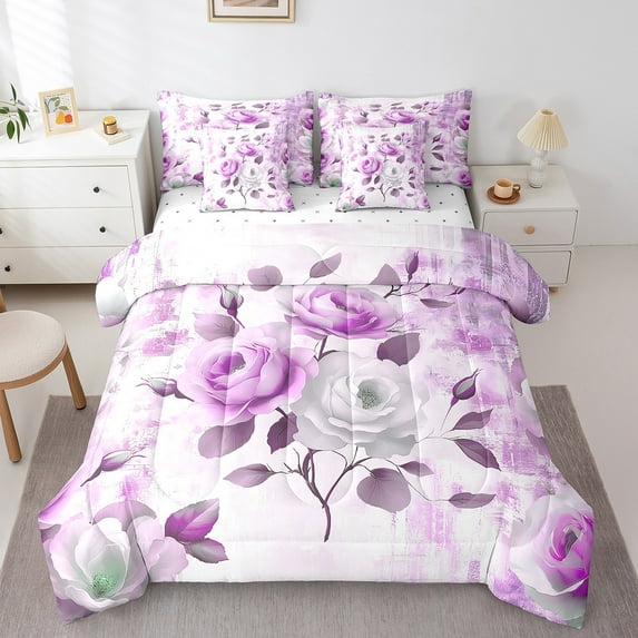 Girls Flower Bedding Comforter Sets 7pcs Rose Floral Bed in a Bag for Women,Orchid Gradient Full Bedding Sets Vintage Ombre Comforter Set,Oil Painting Aesthetic Bedding Sets Room Decorative