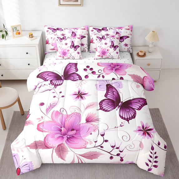 Flower Bedding King Size 7pcs Purple Pink Butterfly Comforter Set Chic Floral Bedding Comforter Sets Wild Animal Bed in a Bag Botanical Blossoms Bedding Accessories White Pink Bedroom Decoration