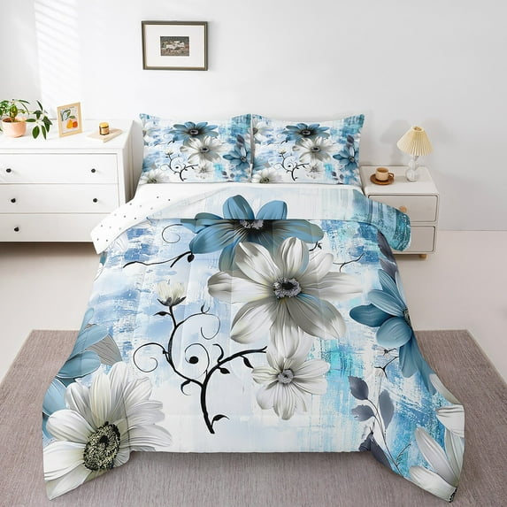 Flower Bedding Daisy Floral Comforter Set for Women, Blue Gradient Duvet Insert Vintage Ombre Quilt Comforter, Oil Painting Aesthetic Bedding Comforters & Sets Room Decorative