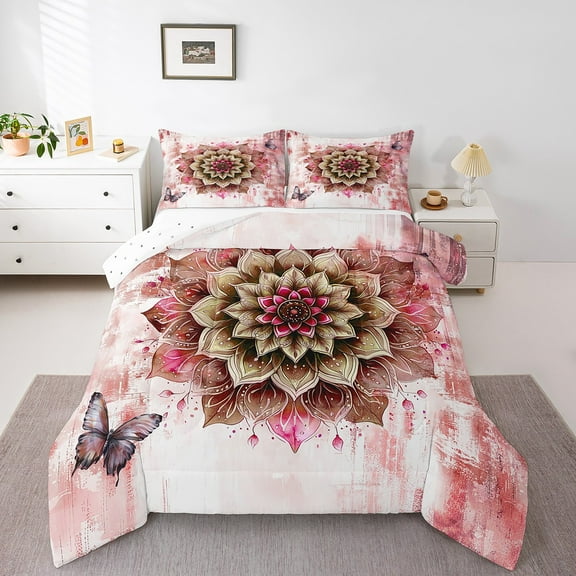 Girls Flower Bedding Twin Size Mandala Floral Comforter Set Twin for Women,Red Gradient Duvet Insert Vintage Ombre Quilt Comforter,Oil Painting Aesthetic Bedding Comforters & Sets Room Decorative