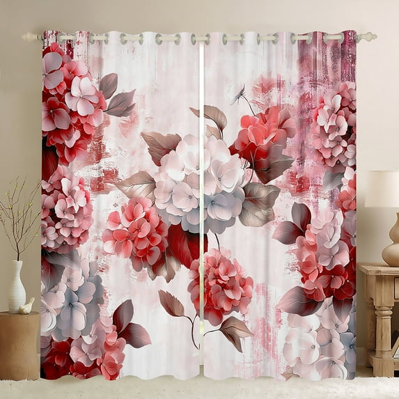 Flower Curtains & Drapes Hydrangea Floral Curtains for Women,Red Gradient 30%-50% Blackout Curtains Vintage Ombre Living Room Curtains,Oil Painting Aesthetic Window Curtains Room Decorative